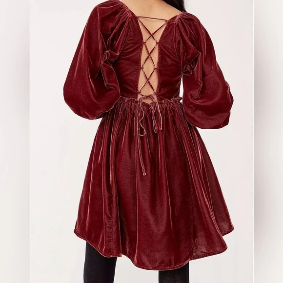 Free People Velvet Mini Dress Burgundy Puff Sleeve Lace Up Back S cottage boho - Picture 2 of 8